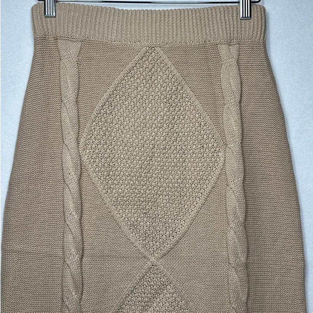 Polagram Cable Knit Midi Sweater Skirt PSW2919 Beige Tan Sz L Cozy Stretch Knit